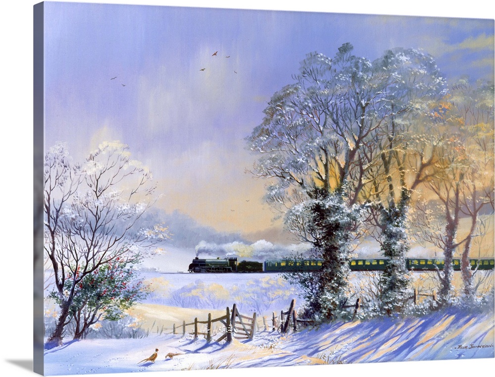 Contemporary painting of a train traveling through a snowy rural landscape in winter.