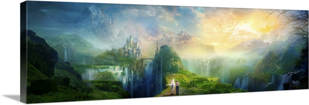 Fantasy artwork of man walking a white horse through a magical and serene looking valley, with endless waterfalls and a ca...