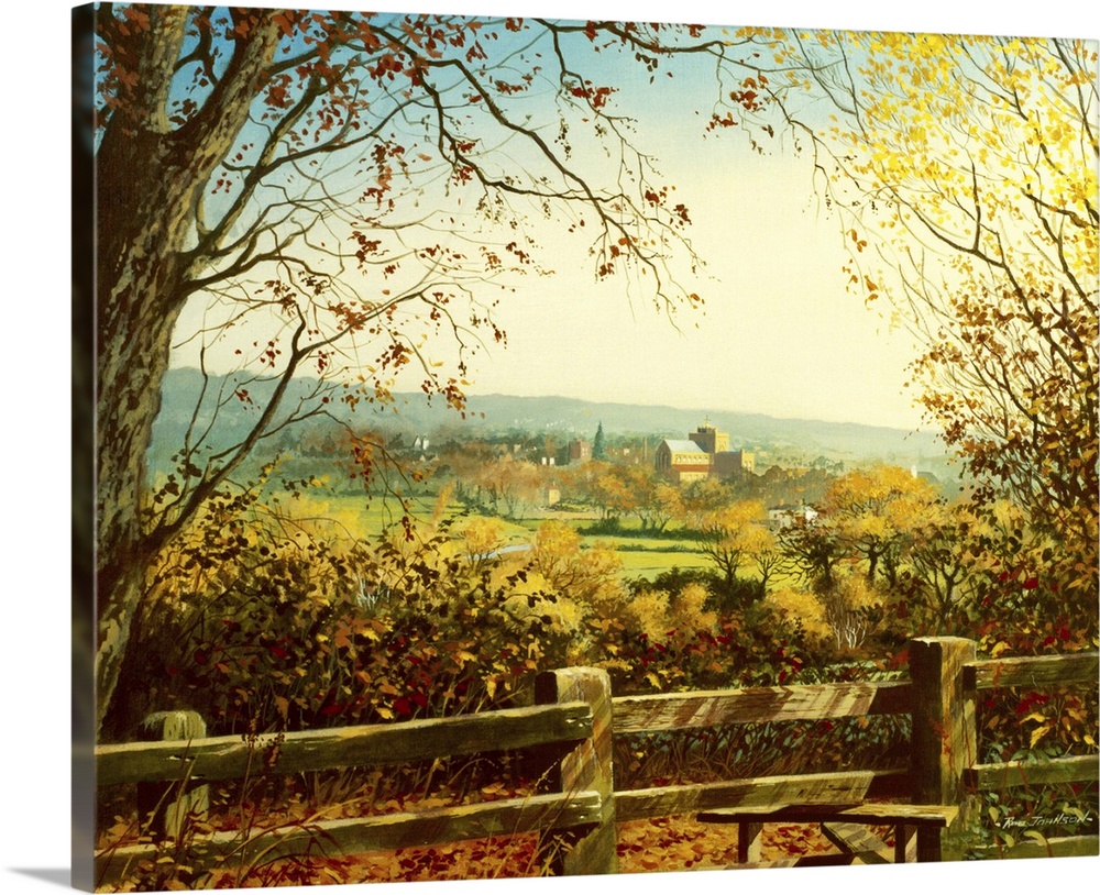 Idyllic painting of a rural landscape, with a village in the distance.