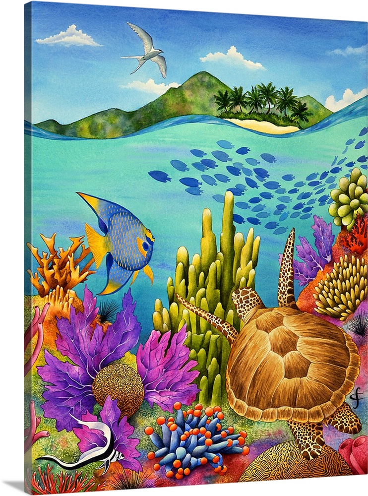Contemporary tropical themed artwork with use of bright and vibrant colors.