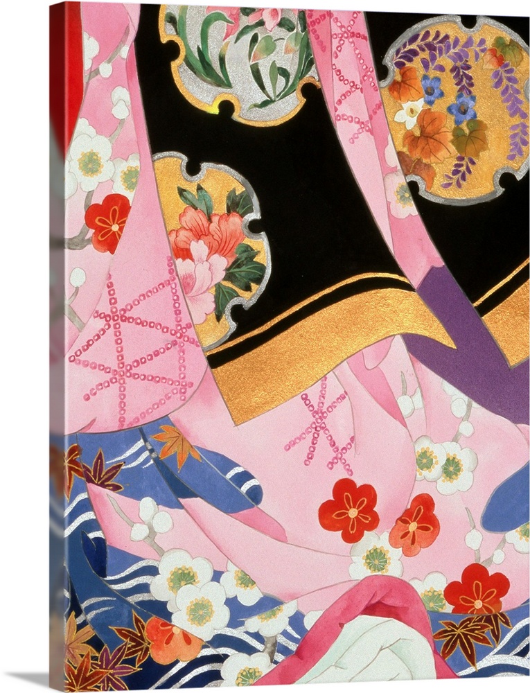 Contemporary colorful and lavish looking Asian artwork. With different colored fabric patterns.