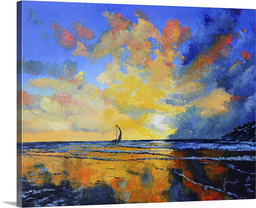 Painting of a sailboat on a calm sea at sunset.