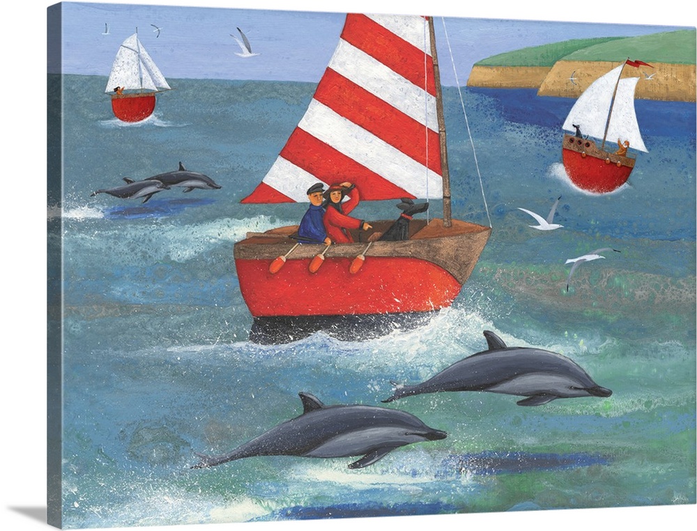Contemporary nautical themed painting of people sailing in the bay with dolphins jumping out of the water.