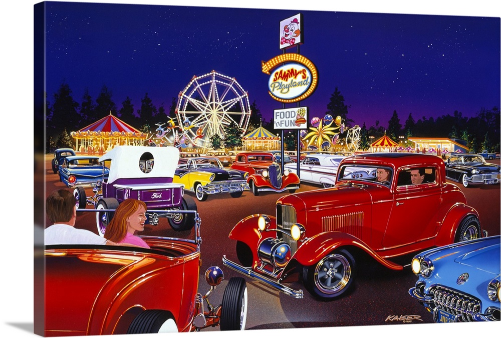 Big painting of antique cars in the parking lot of an amusement park that is lit up in bright colors at night with trees s...
