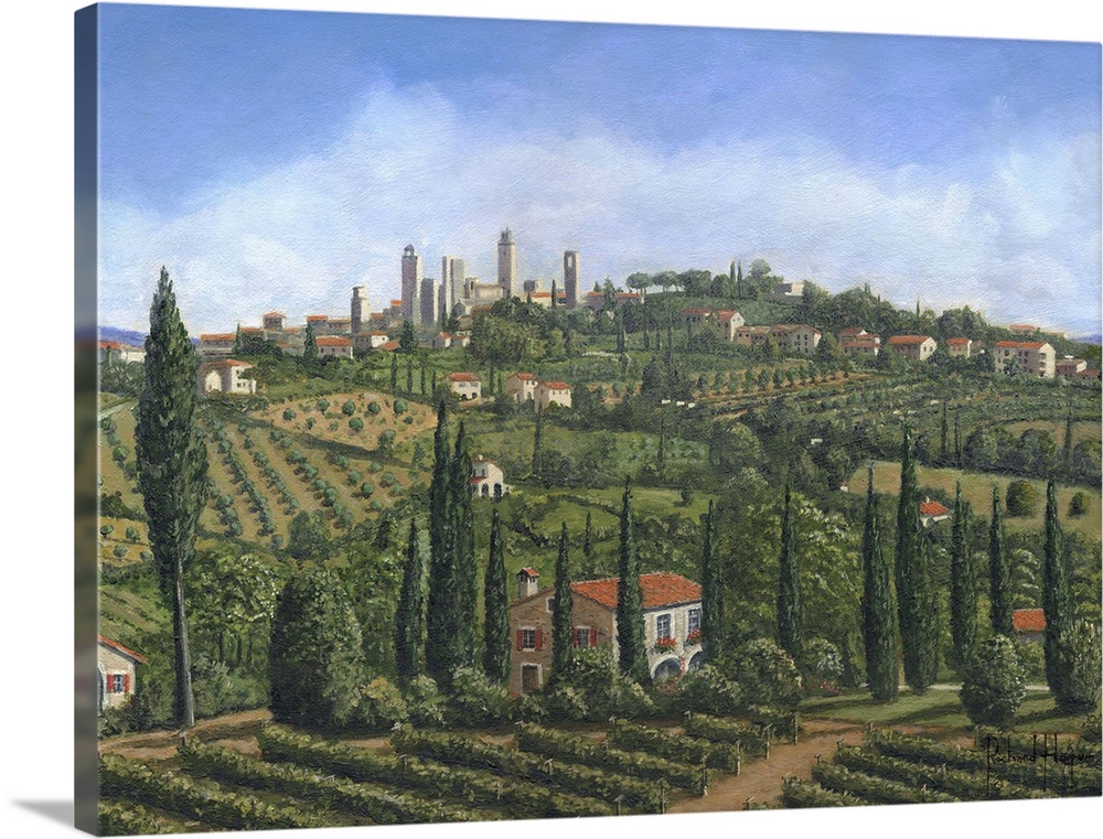 Contemporary artwork of an European valley scattered with villages, home and vineyards.