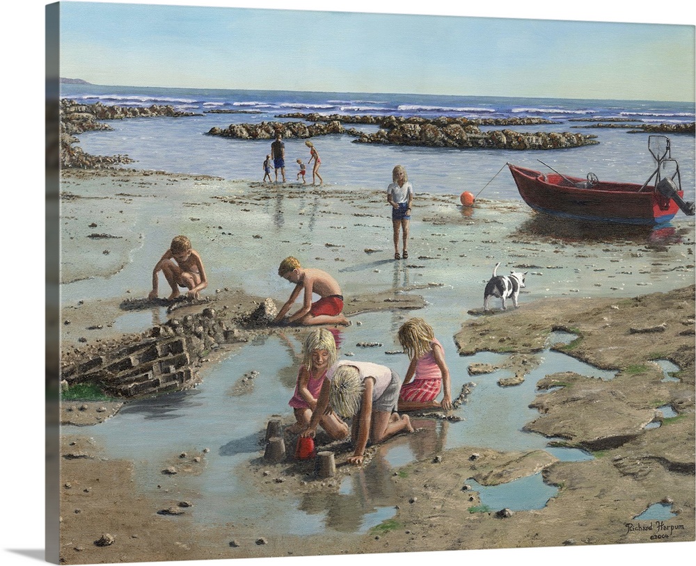 Contemporary painting of children in the sand on a rugged looking beach.