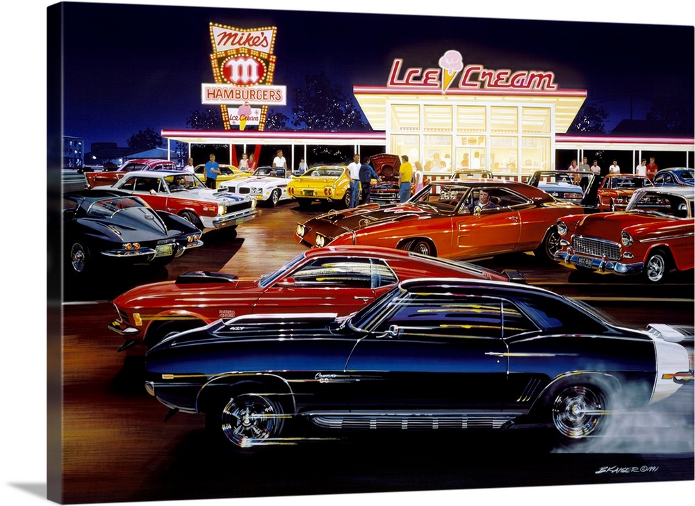 This decorative art is a painting of vintage muscle cars racing and parked outside a retro drive-in restaurant.