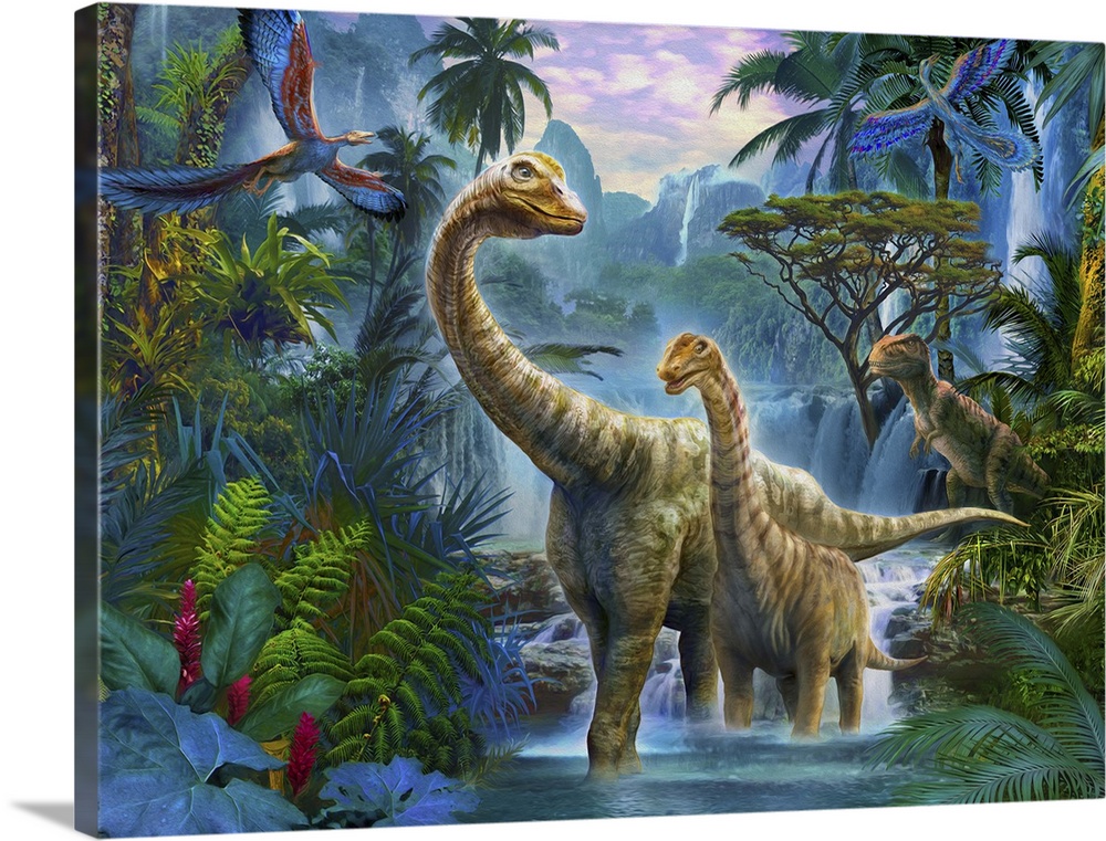 Colorful artwork of a mother dinosaur with her young wading through shallow water in a jungle.