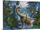 image thumbnail of Colorful artwork of a mother dinosaur with her young wading through shallow water in a jungle.
