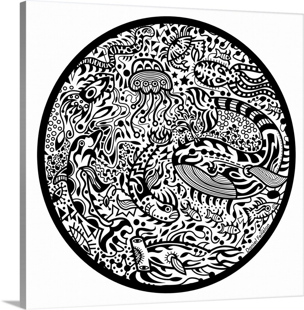Contemporary mural artwork of marine life and other abstract figures in a confusion of monochromatic patterns.
