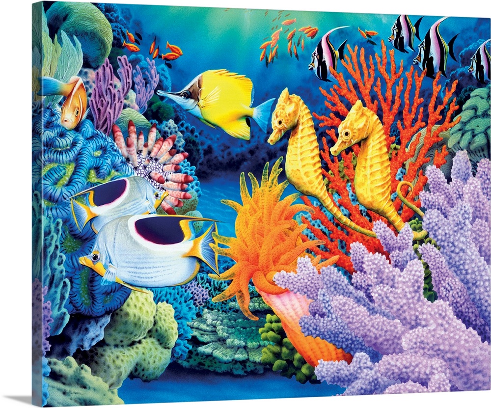 Bright and colorful painting of underwater sea life including a school of fish and coral reef.