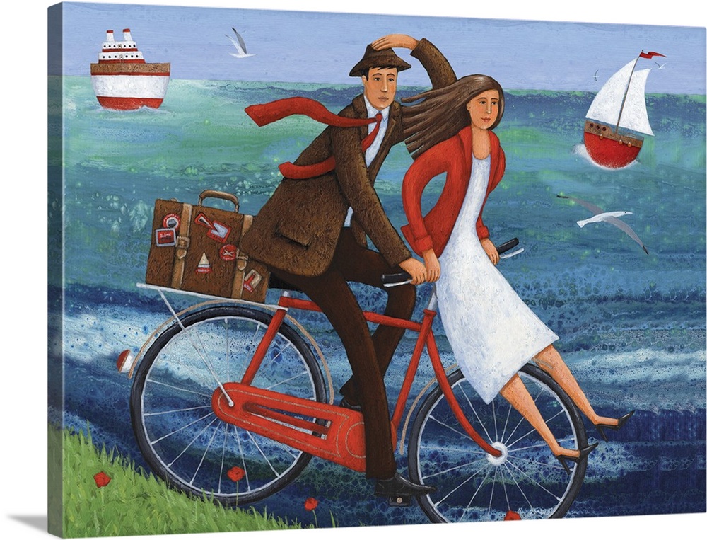 Contemporary painting of a woman sitting on the handle bars of a red bike while a man pedals it.