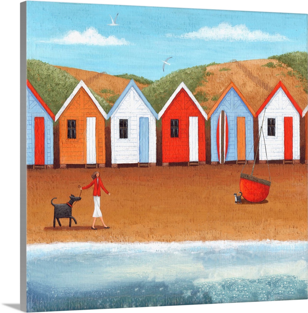 Contemporary painting of a woman walking a dog along a beach with a row of huts.