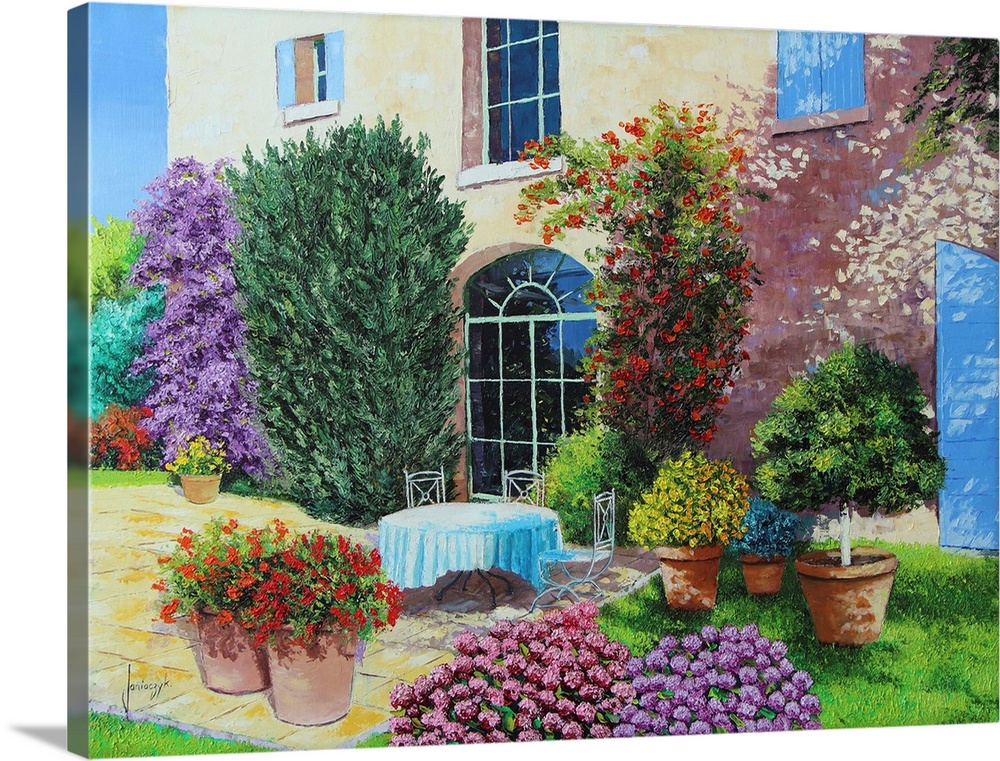 Colorful contemporary painting of a house surrounded blooming flowers and foliage.