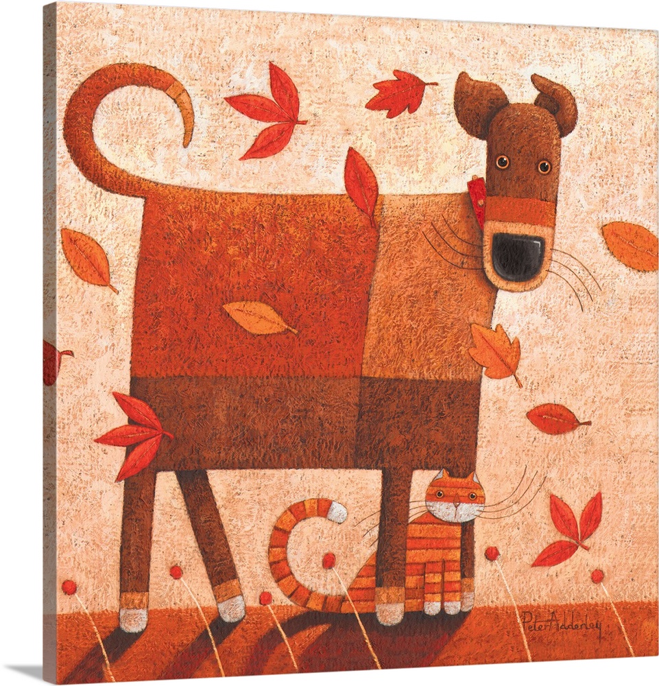 Contemporary painting of a dog and cat sitting being hit with wind and autumn foliage.