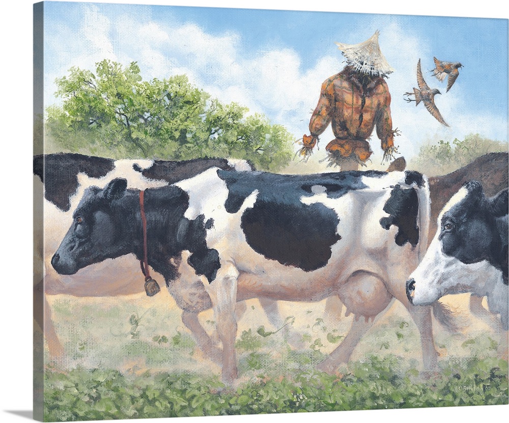 Contemporary artwork of a herd of cows walking through a field kicking up dust.