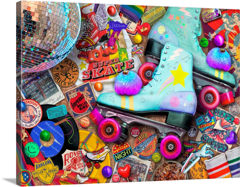 Photograph of 80's style roller skating paraphernalia including roller skates, a disco ball, pins, a record, sweat bands, ...