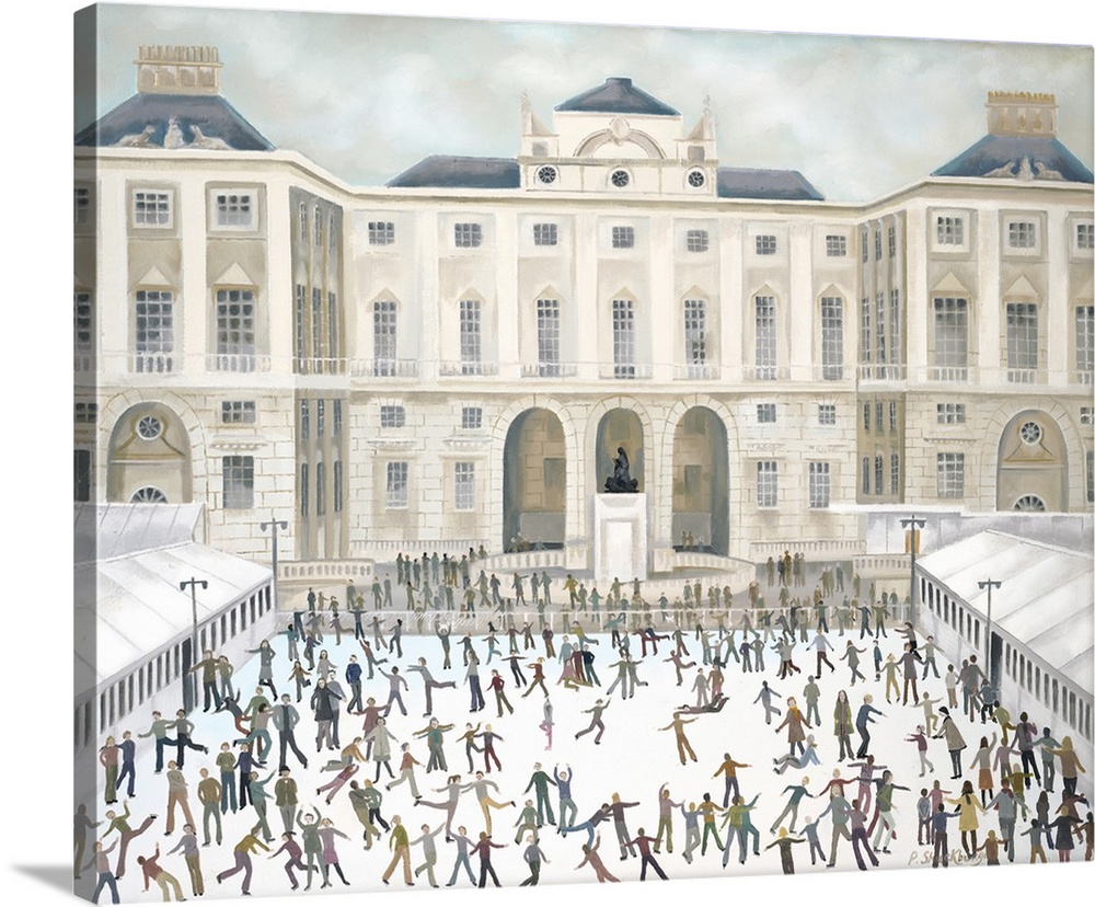 Contemporary painting of people ice skating in front of the Somerset House.