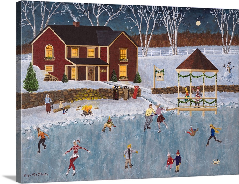Americana scene of ice skaters on a frozen pond on a winter evening.