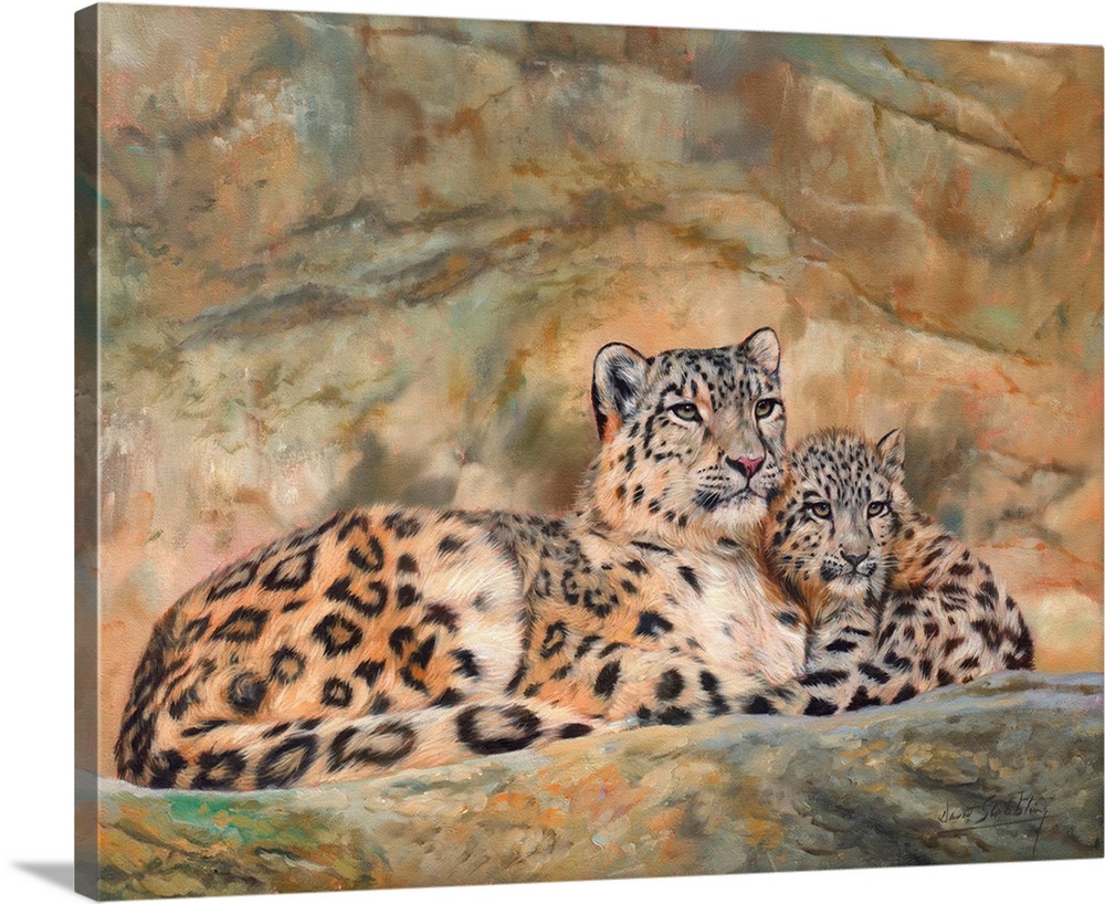Snow Leopard mother and cub. Oil on canvas.