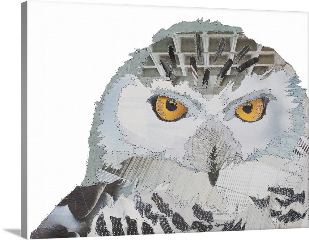 Horizontal artwork of a snow owl in a collage style outlined in stitches.