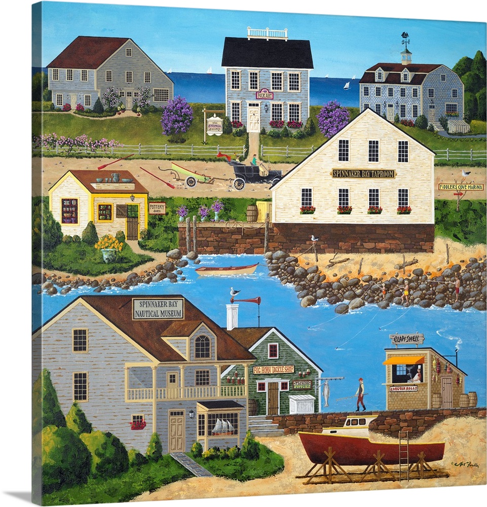 Americana scene of houses on the coast in New England.