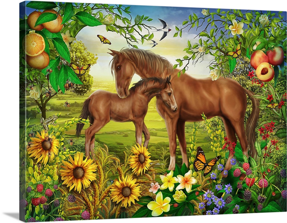 Whimsy illustration of a horse and a pony in a field filled with wildflowers and fruit trees.