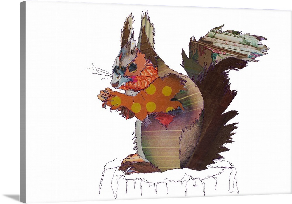 Horizontal artwork of a squirrel in a collage style outlined in stitches.