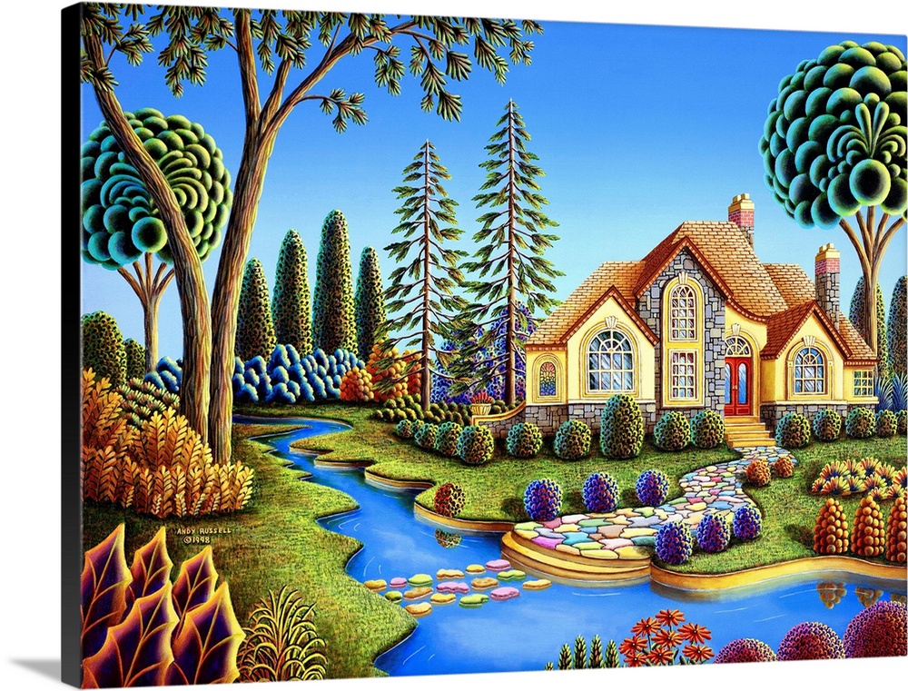 Contemporary painting of a countryside cottage surrounded by vibrant lush foliage.