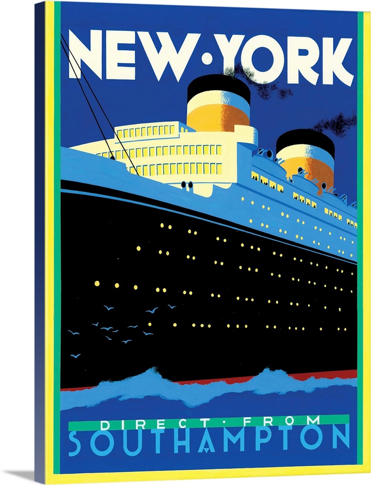 Contemporary retro stylized travel poster for ship transportation to New York.