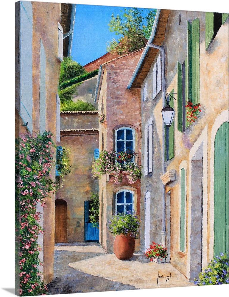 Contemporary painting of a European village alley.