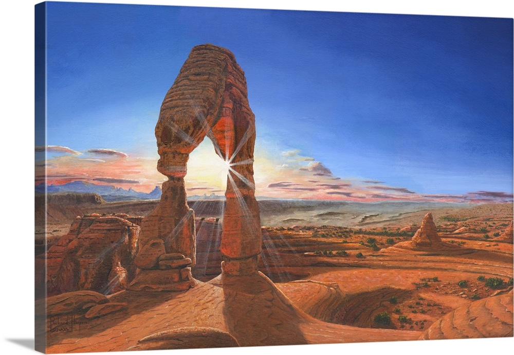 Contemporary artwork of a delicate looking natural rock arch overlooking a desert vista.