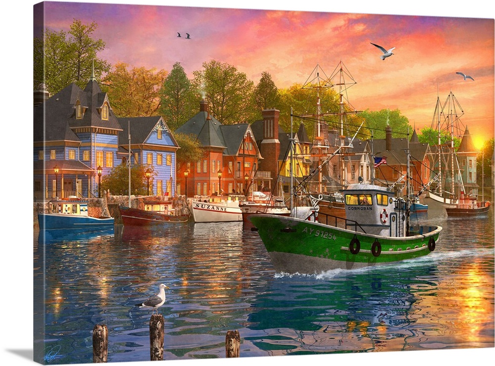 Illustration of a fishing trawler arriving in the harbor at sunset.