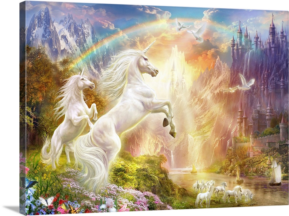 Landscape, large fantasy art of two unicorns beneath a rainbow, rearing up over a hillside, looking down on a herd of unic...