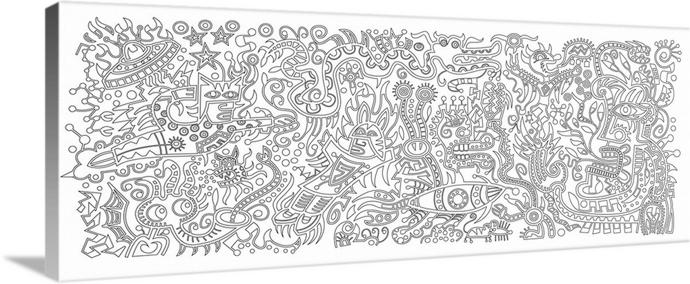 Black and white line art of an abstract mural.