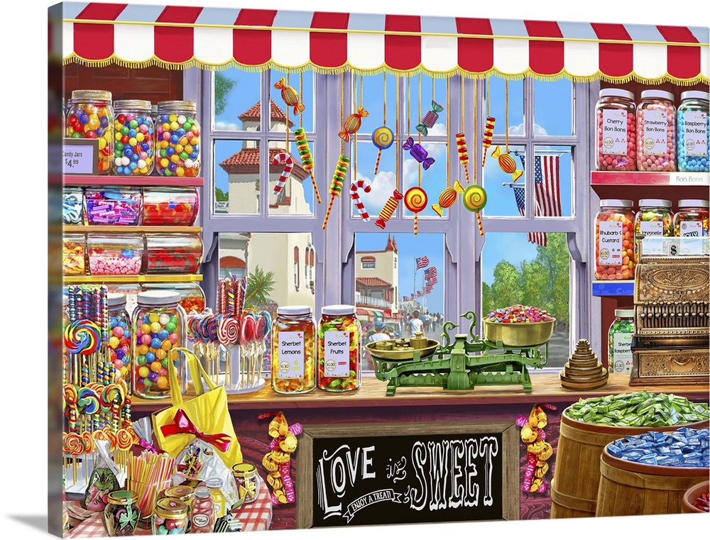 Portrayal of a sweetshop with a window view looking ot on to an American boulevard. Lots of sweets incorporated.