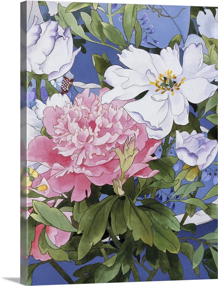 Contemporary colorful and lavish looking Asian artwork of beautiful pink and white flowers.