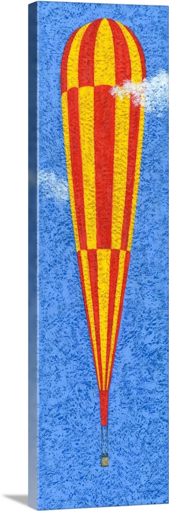Contemporary painting of a tall yellow and red striped hot air balloon against a blue sky.