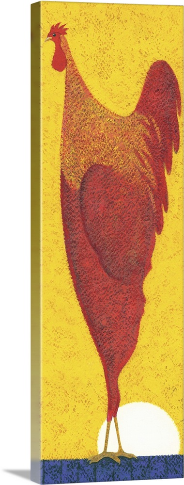 Contemporary painting of a tall red chicken standing on a blue surface against a bright yellow sky with the sun on the hor...