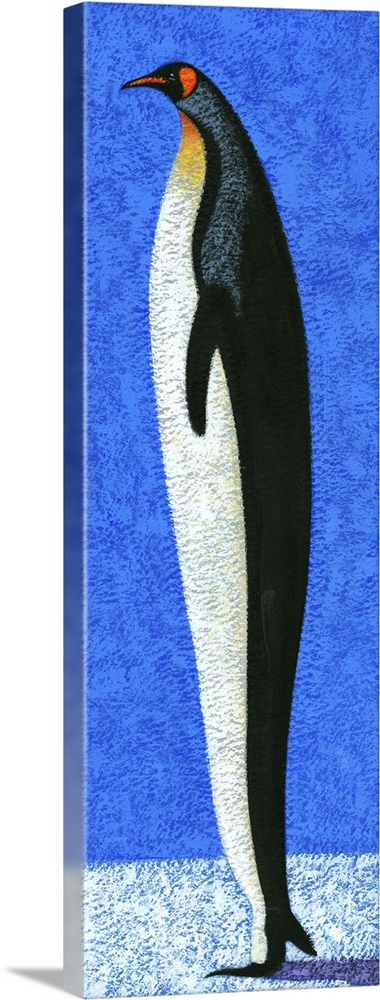 Contemporary painting of a tall penguin standing on a white surface against a blue background.