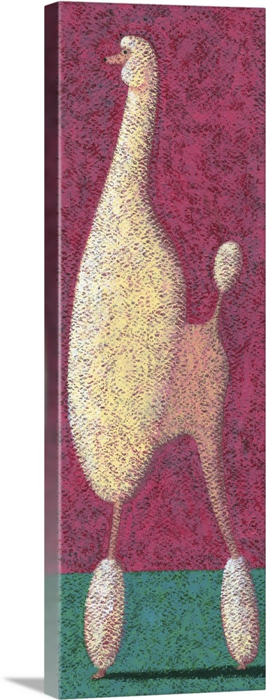 Contemporary painting of a tall poodle standing on a green surface against a pink background.
