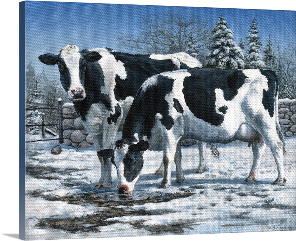 Contemporary painting of cows standing in a paddock in the winter.