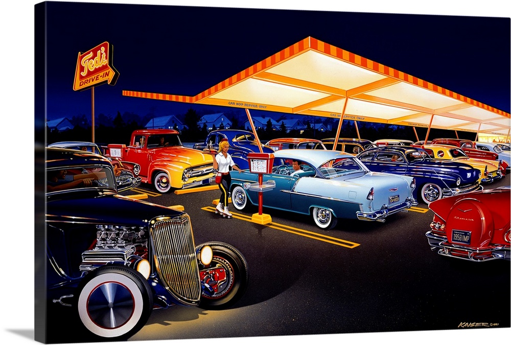 Landscape, large wall art of an early 60s drive-in at night, with a car hop. Many classic cars are parked, including a 193...