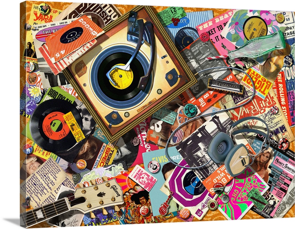 Collage of vintage records and various music paraphernalia from the 60's.