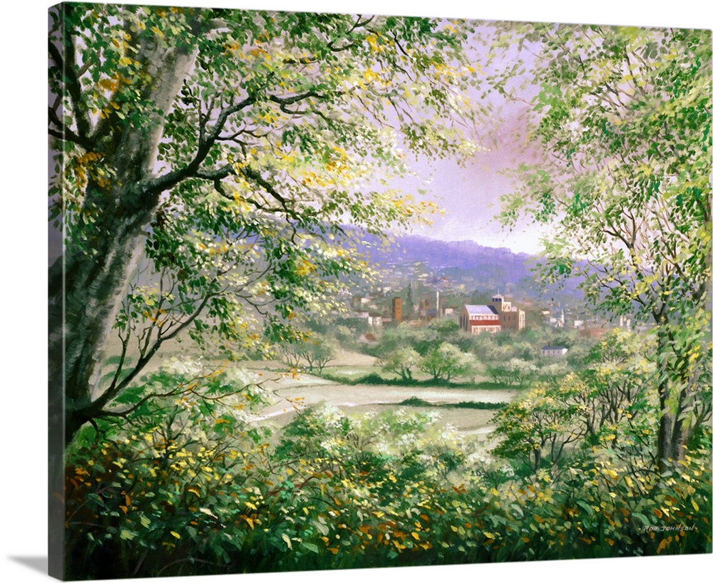 Idyllic painting of a rural landscape, with a village in the distance.