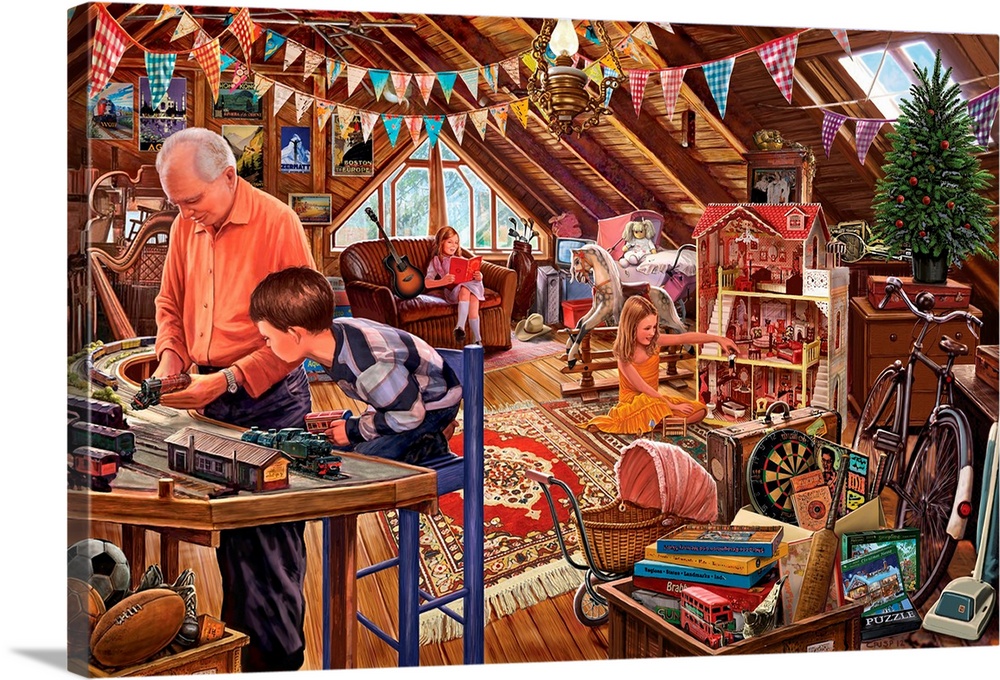 Grandad and his Grandson playing trains whilst the granddaughters are reading and playing with a dolls house.