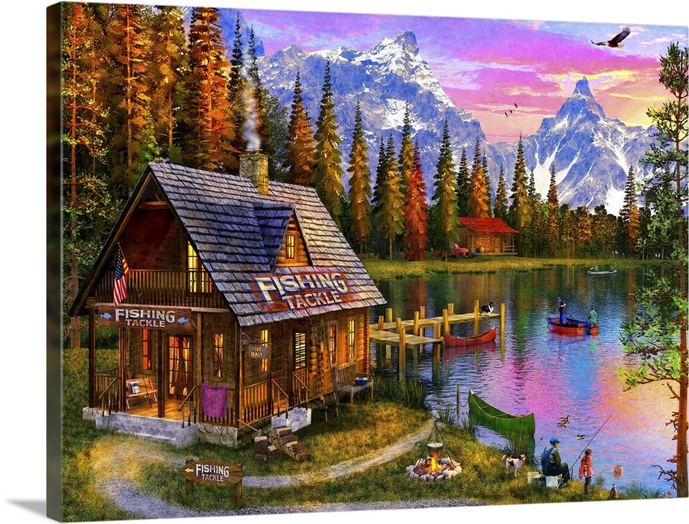 Illustration of a small Fishing cabin set on a lake.