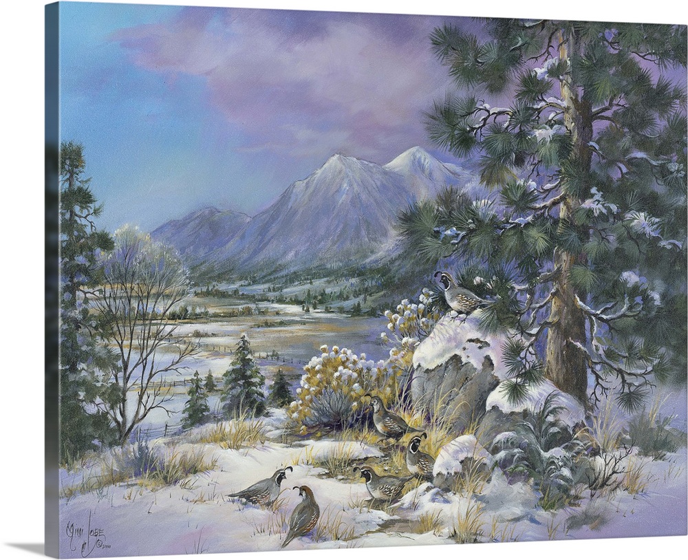 Contemporary painting of quails in the snow in wilderness.