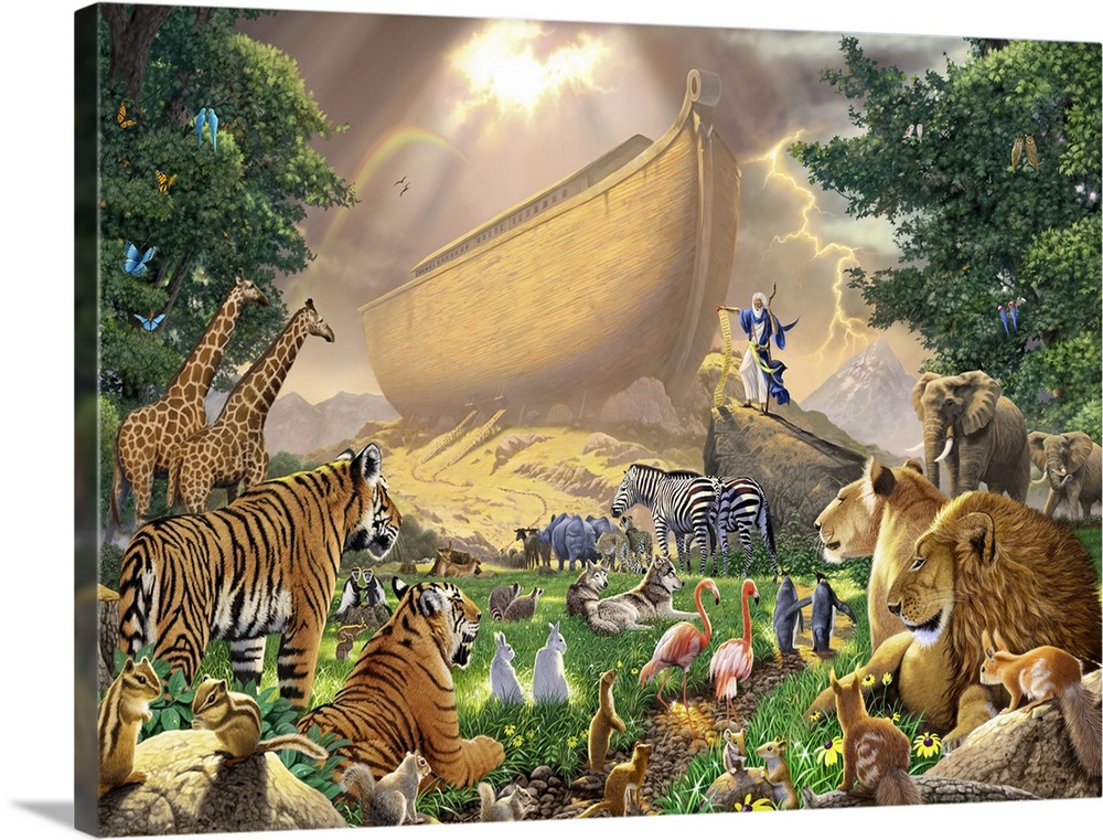 Horizontal, oversized art of Noah's ark towering in the background beneath a mostly cloudy sky.  Noah stand on a large roc...