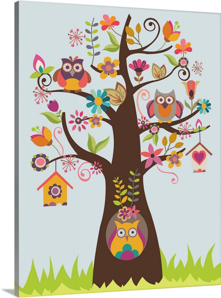 Whimsy illustration of owls in a tree covered in flowers with two birdhouses.